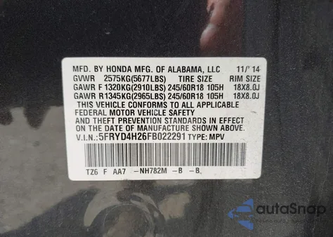 2015 Acura Mdx from USA, damaged, VIN 5FRYD4H26FB022291